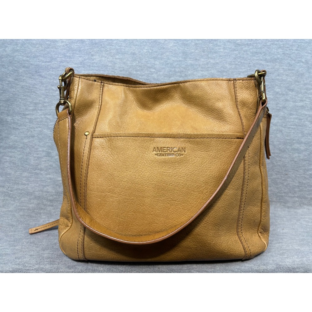 American Leather Co Tan Pebbled Leather Hobo Shoulder Bag Honey Brass Hardware